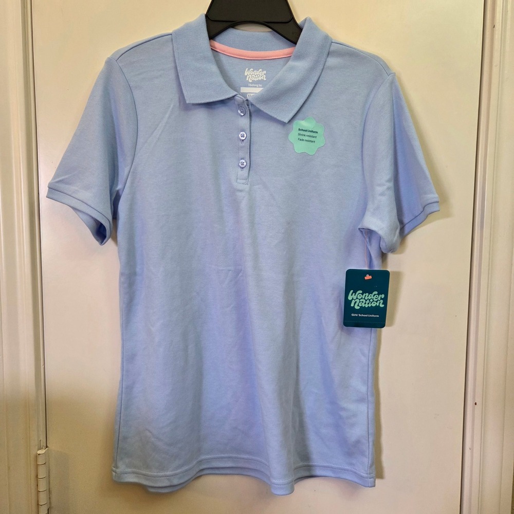 Wonder Nation Girls School Uniform Polo Shirt Light Blue XL 14-16 NWT